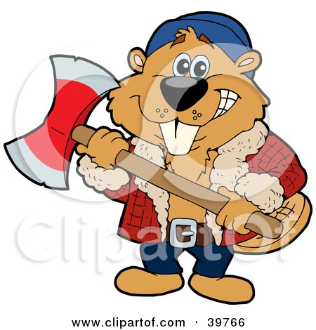 Clipart Illustration of a Lumberjack Beaver Holding An Axe And Preparing To Cut Wood by Dennis Holmes Designs