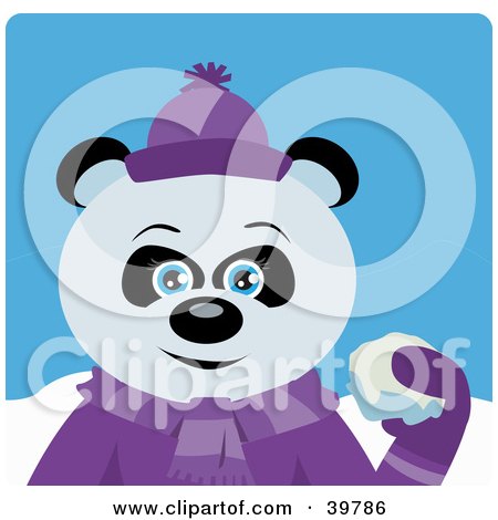Clipart Illustration of a Blue Eyed Female Giant Panda Bear In Purple, Throwing Snowballs by Dennis Holmes Designs