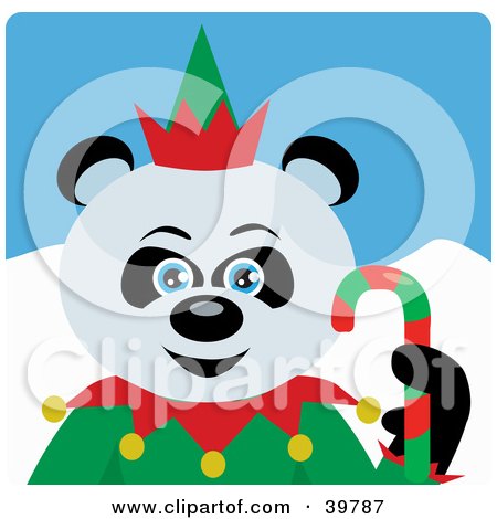Clipart Illustration of a Blue Eyed Christmas Elf Giant Panda Bear Holding A Candy Cane by Dennis Holmes Designs