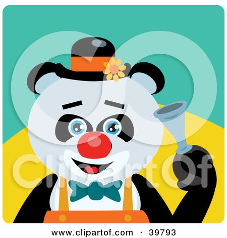 Clipart Illustration of a Blue Eyed Male Circus Clown Giant Panda Bear Honking A Horn by Dennis Holmes Designs