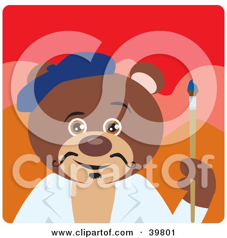 Clipart Illustration of a Brown Artist Teddy Bear Holding A Paintbrush by Dennis Holmes Designs