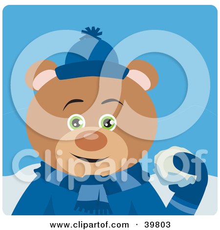 Clipart Illustration of a Green Eyed Male Teddy Bear In Blue, Throwing Snowballs by Dennis Holmes Designs