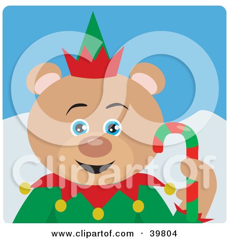 Clipart Illustration of a Blue Eyed Christmas Elf Teddy Bear Holding A Candy Cane by Dennis Holmes Designs