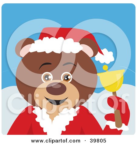 Clipart Illustration of a Brown Charity Bell Ringer Teddy Bear In A Santa Suit by Dennis Holmes Designs