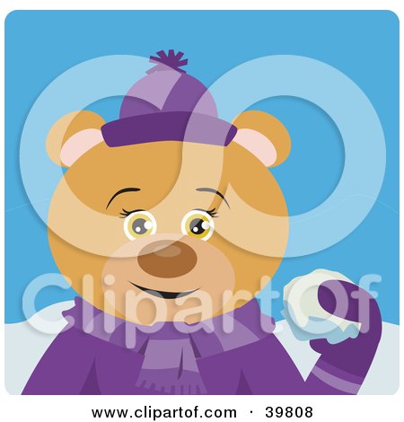 Clipart Illustration of a Female Bear In Purple, Throwing Snowballs by Dennis Holmes Designs