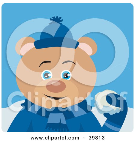 Clipart Illustration of a Blue Eyed Male Teddy Bear In Blue, Throwing Snowballs by Dennis Holmes Designs