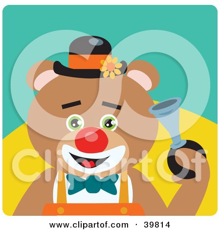 Clipart Illustration of a Green Eyed Male Circus Clown Teddy Bear Honking A Horn by Dennis Holmes Designs