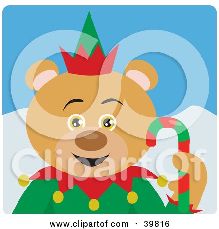 Clipart Illustration of a Christmas Elf Bear Holding A Candy Cane by Dennis Holmes Designs