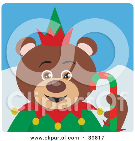Clipart Illustration of a Brown Christmas Elf Teddy Bear Holding A Candy Cane by Dennis Holmes Designs