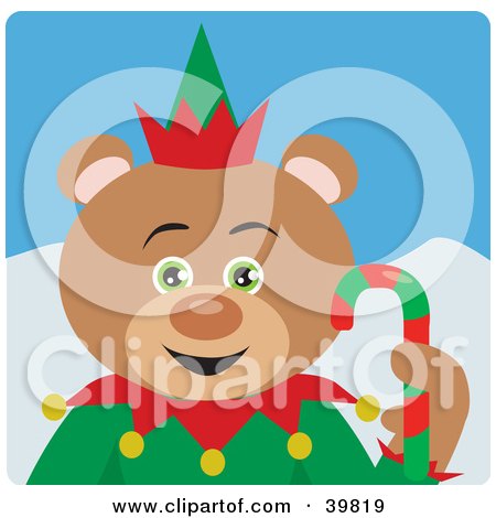 Clipart Illustration of a Green Eyed Christmas Elf Teddy Bear Holding A Candy Cane by Dennis Holmes Designs