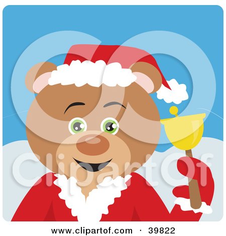 Clipart Illustration of a Green Eyed Charity Bell Ringer Teddy Bear In A Santa Suit by Dennis Holmes Designs