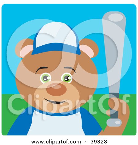 Clipart Illustration of a Green Eyed Teddy Bear Playing Baseball On A Field by Dennis Holmes Designs