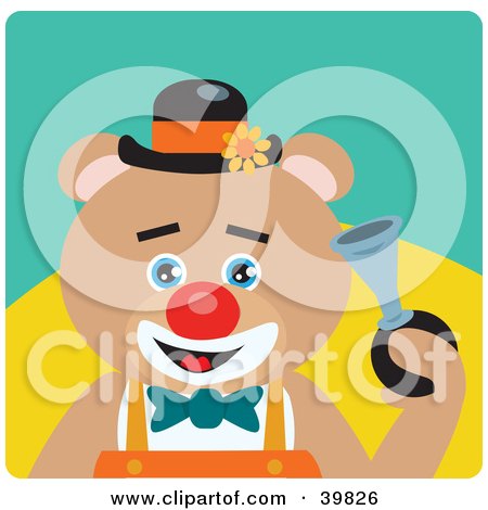 Clipart Illustration of a Blue Eyed Male Circus Clown Teddy Bear Honking A Horn by Dennis Holmes Designs