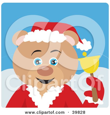 Clipart Illustration of a Blue Eyed Charity Bell Ringer Teddy Bear In A Santa Suit by Dennis Holmes Designs