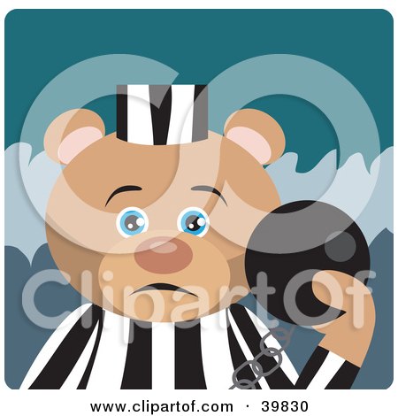 Clipart Illustration of a Blue Eyed Prisoner Teddy Bear Attached To A Ball And Chain by Dennis Holmes Designs