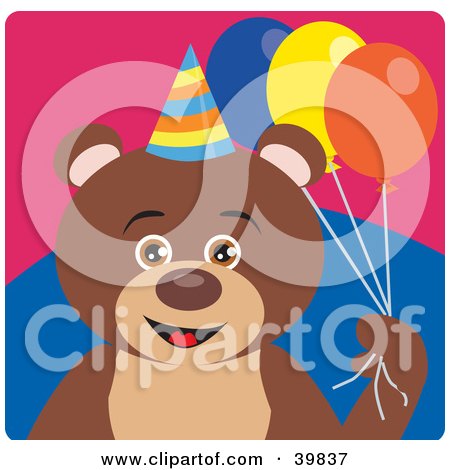 Clipart Illustration of a Brown Male Birthday Teddy Bear Holding Party Balloons by Dennis Holmes Designs