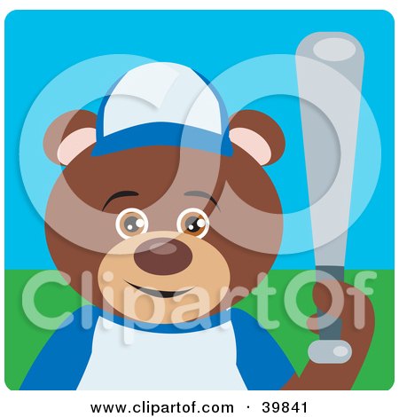 Clipart Illustration of a Brown Teddy Bear Playing Baseball On A Field by Dennis Holmes Designs