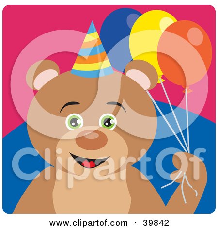 Clipart Illustration of a Green Eyed Male Birthday Teddy Bear Holding Party Balloons by Dennis Holmes Designs