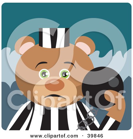 Clipart Illustration of a Green Eyed Prisoner Teddy Bear Attached To A Ball And Chain by Dennis Holmes Designs