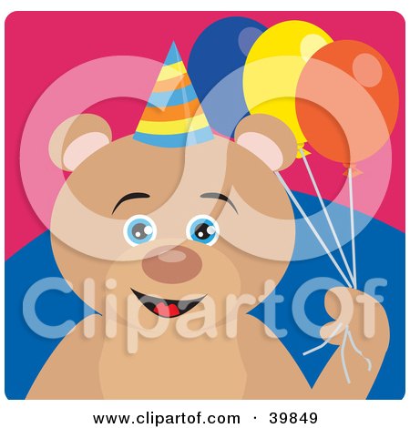 Clipart Illustration of a Blue Eyed Male Birthday Teddy Bear Holding Party Balloons by Dennis Holmes Designs