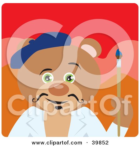 Clipart Illustration of a Green Eyed Artist Teddy Bear Holding A Paintbrush by Dennis Holmes Designs