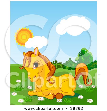 Clipart Illustration of a Adorable Yellow Pony Resting In A Daisy Flower Patch In A Green Pasture On A Sunny Day by Pushkin