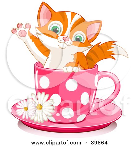Clipart Illustration of an Adorable Orange Kitten In A Pink Polka Dotted Tea Cup by Pushkin