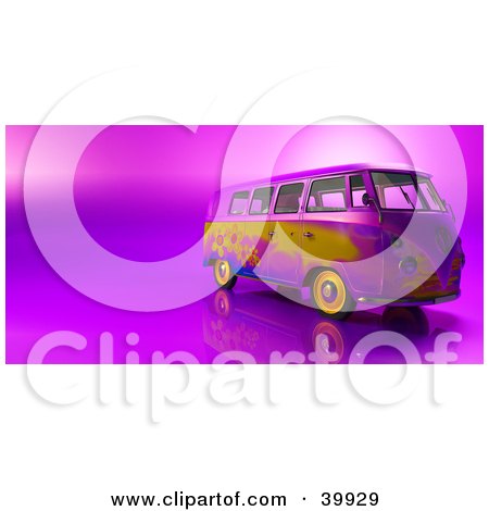 Clipart Illustration of a Colorful 3d Hippy Van On A Shiny Purple And Pink Background by Frank Boston