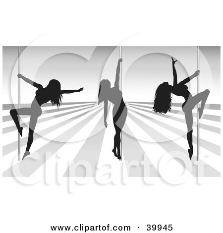 Clipart Illustration of Three Sexy Black Silhouetted Female Pole Dancers On A SilverAnd White Stage In A Strip Club by KJ Pargeter
