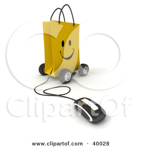 Clipart Illustration of a Computer Mouse Connected To A Smiling Yellow Shopping Bag On Wheels by Frank Boston