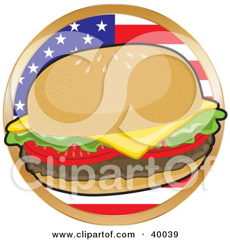 Clipart Illustration of a Fast Food Cheeseburger In Front Of A Circular American Flag by Maria Bell