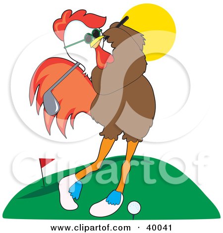 Clipart Illustration of a Cool Male Rooster In Shades, Practicing His Golf Swing At A Course by Maria Bell