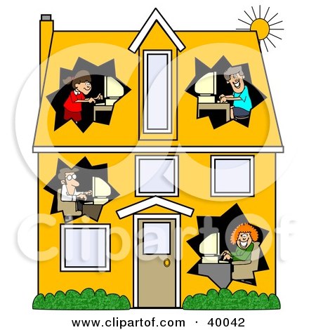Clipart Illustration of a Techno Family Working On Their Computers In Different Rooms Of A Two Story House by djart