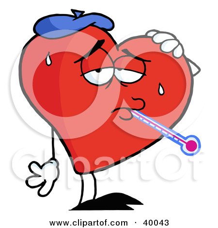 Clipart Illustration of Sweaty Red Heart Sick With The Flu, Wearing An Ice Pack, A Thermometer Stuck In His Mouth by Hit Toon