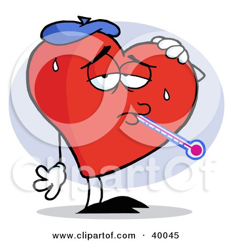 Clipart Illustration of Flu Ridden Red Heart With A Thermometer In His Mouth, Wearing An Ice Pack On His Head by Hit Toon