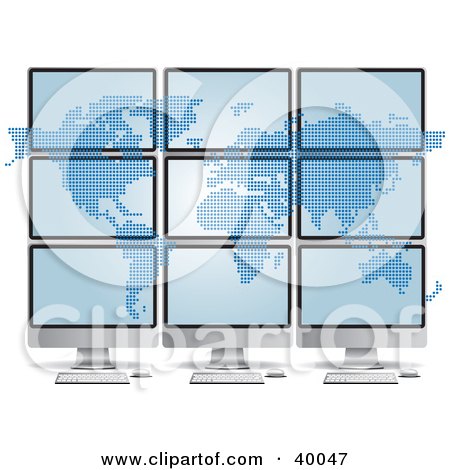 Clipart Illustration of a Pixel Atlas Spanned Over Nine Computer Monitors by Eugene
