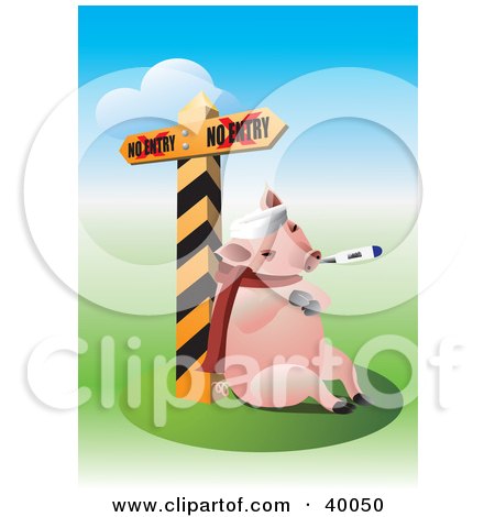 Clipart Illustration of a Pig Sick With The Swine Flu, Resting Against A Quarantine Sign by Eugene