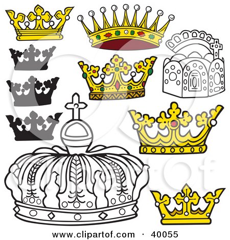 Clipart Illustration of Royal Black And White And Color Crowns by dero