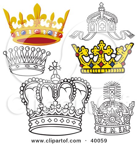 Clipart Illustration of Six Black And White And 3d Crowns by dero