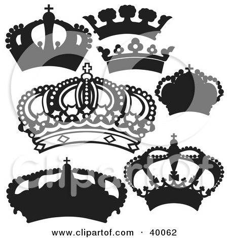 Clipart Illustration of Silhouetted Black And White Crowns by dero