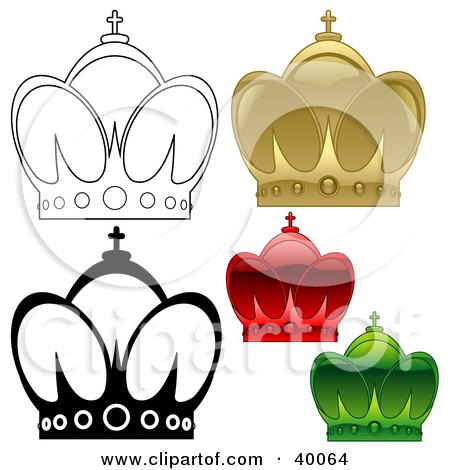 Clipart Illustration of Gold, Red, Green, And Black And White Crowns by dero