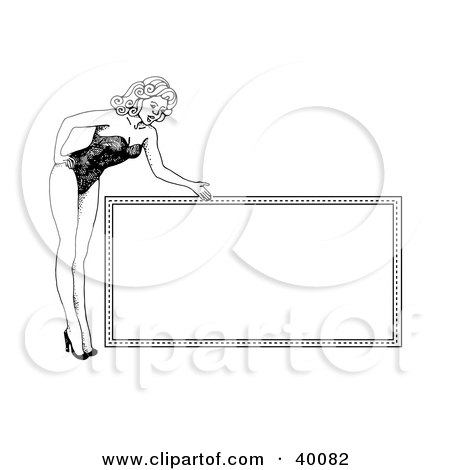 Clipart Illustration of a Pretty 1940's Style Pinup Girl In Heels And A Bodice, Bending Over And Presenting A Blank Sign by C Charley-Franzwa