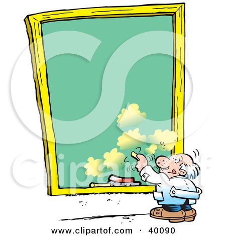 Clipart Illustration of a Short Old Male Professor Writing On A Sky Background Chalkboard by Johnny Sajem