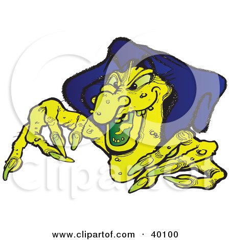 Clipart Illustration of an Ugly Green, Warty Witch In A Blue Hat, Leaning Forward by Snowy