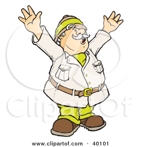 Clipart Illustration of a Happy Male Explorer Holding Up His Arms While Coming Upon An Amazing Discovery by Snowy