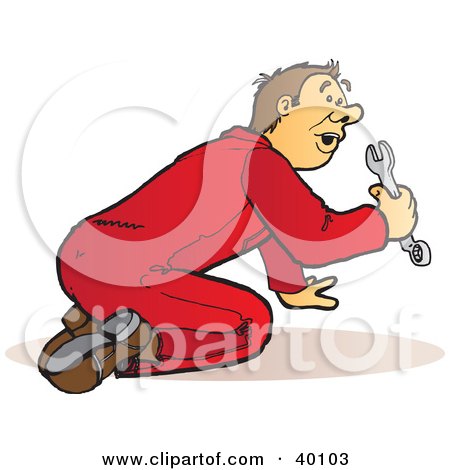 Clipart Illustration of a Busy Male Mechanic In Red Coveralls, Kneeling And Using A Wrench by Snowy