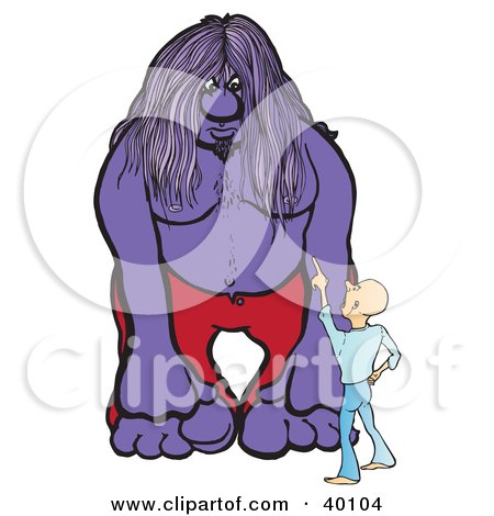 Clipart Illustration of a Little Man Pointing Up At A Big Purple Troll by Snowy
