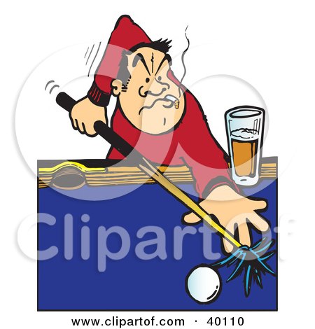 Clipart Illustration of a Male Billiards Player Aiming A Cue Stick On A Pool Table, Smoking And Drinking by Snowy