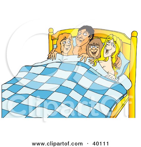 Clipart Illustration of a Studly Bachelor Resting In Bed With Three Ladies by Snowy