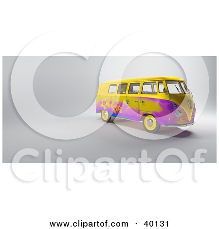Clipart Illustration of a Yellow And Purple Floral Hippy Van by Frank Boston